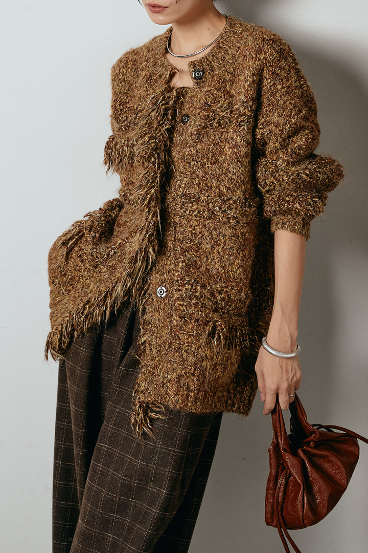 [SET]フリンジニットカーディガン+ウールライクチェックタックパンツ(2set)