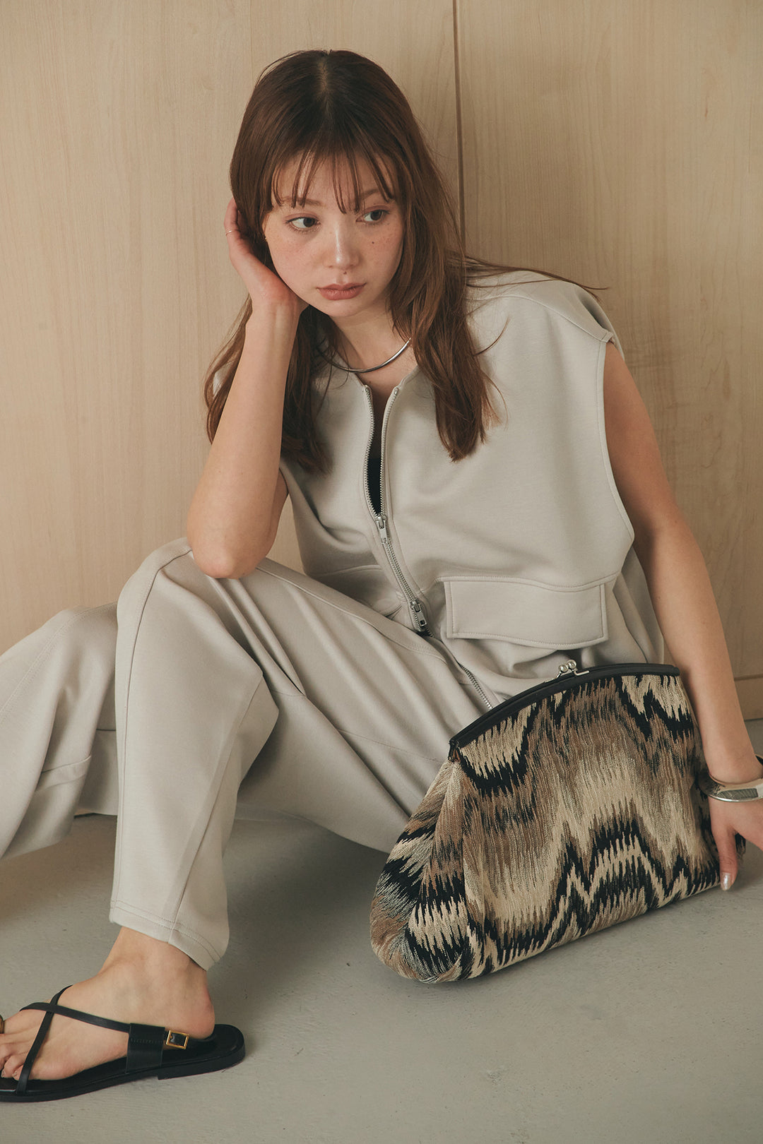 [SET]ボンディング生地ジップベスト+ボンディング生地コクーンパンツ(2set)