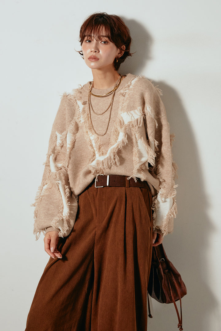 [SET]シャギージャガードニットトップス+太ベルト付きコーデュロイタックパンツ(2set)