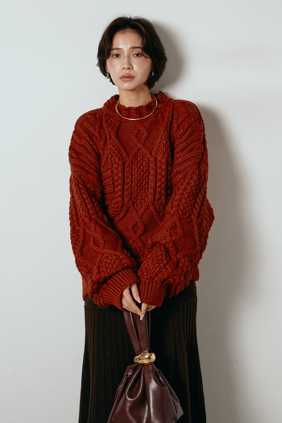 [SET]アラン柄ミックスケーブルニット+編み地切り替えフレアニットスカート(2set)