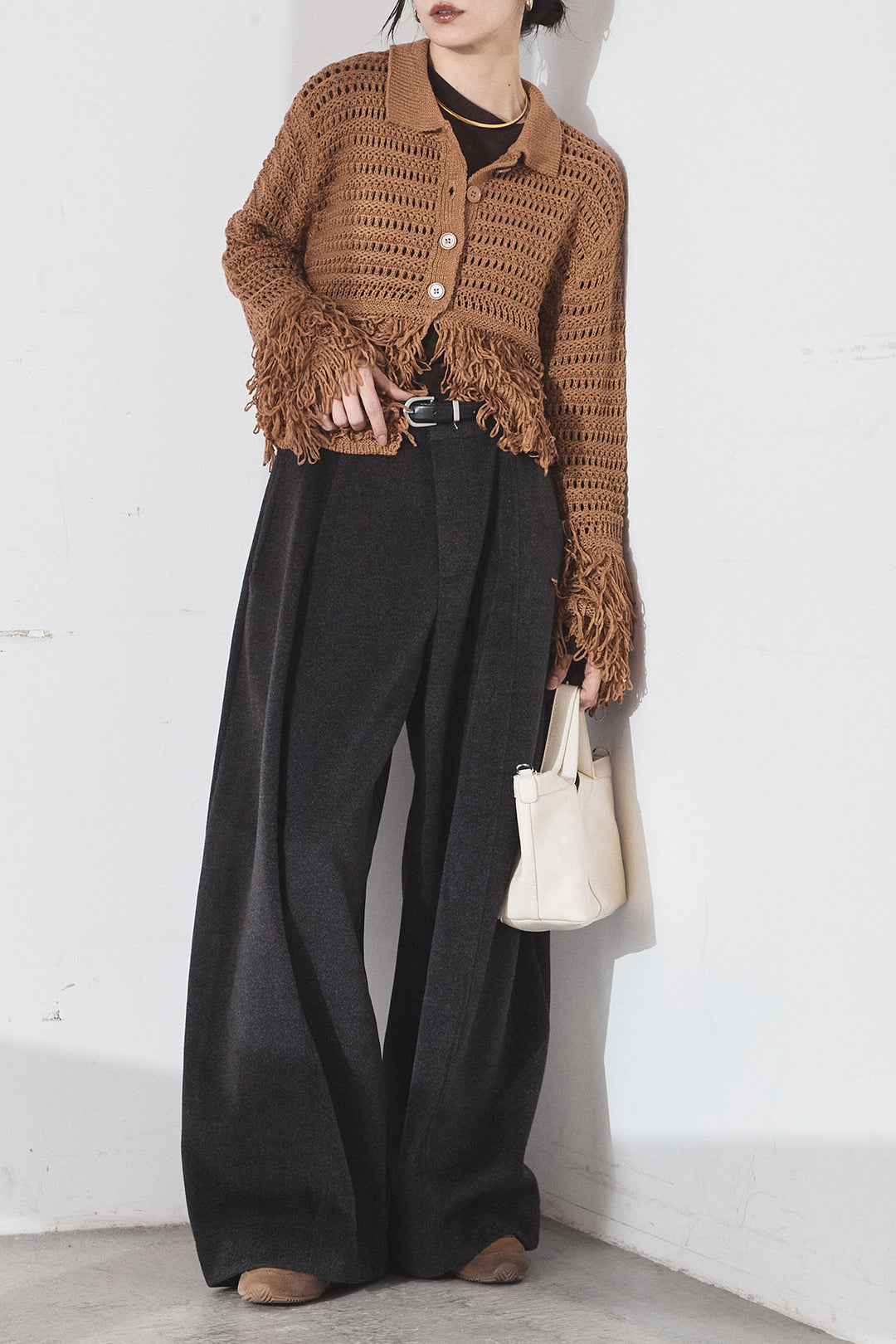 [SET]メッシュフリンジカーディガン+ウールタッチカーブワイドパンツ(2set)
