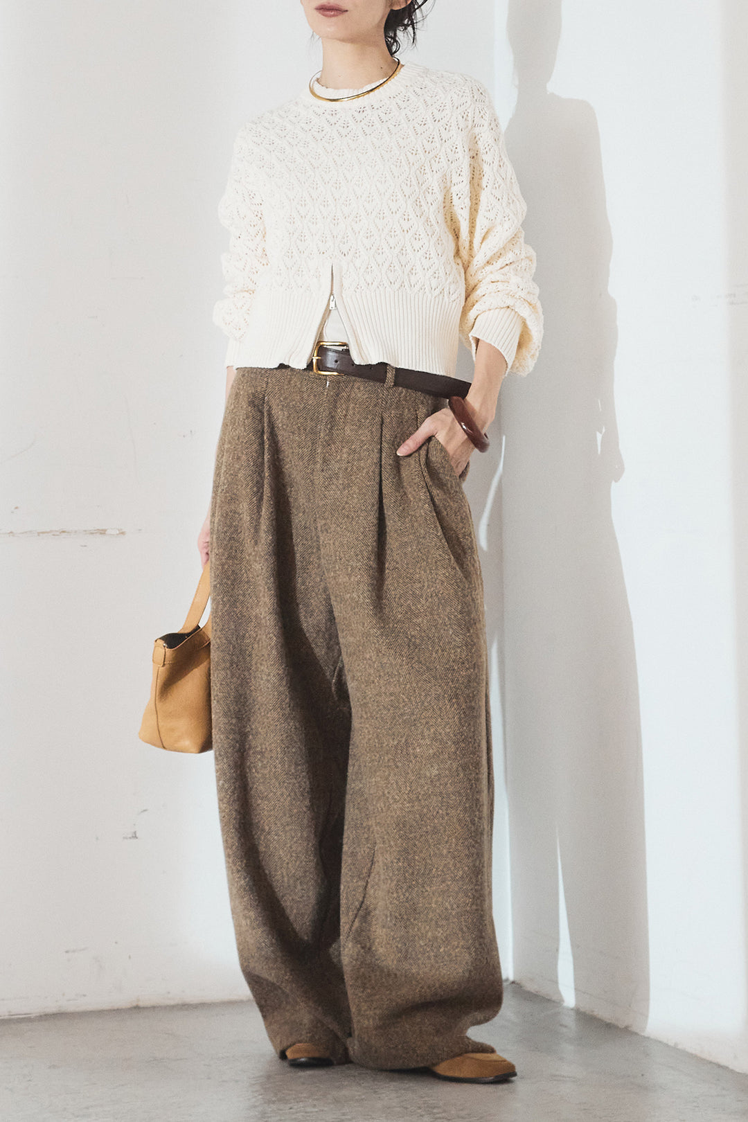 [SET]透かし編みニットジップスリットプルオーバー+タックツイードワイドパンツ(2set)