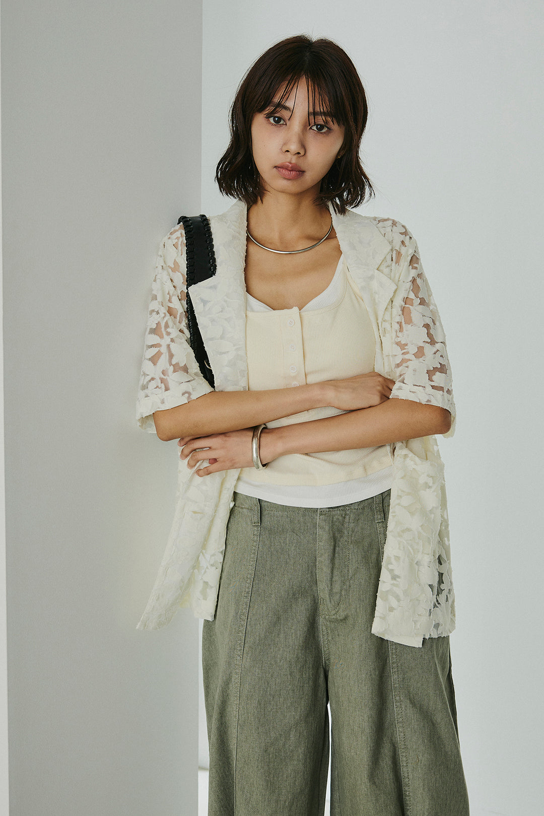 [SET]シアージャガードハーフスリーブテーラードジャケット+サイドベルトカーブワイドパンツ+配色ヘンリーネックタンクトップ(3set)