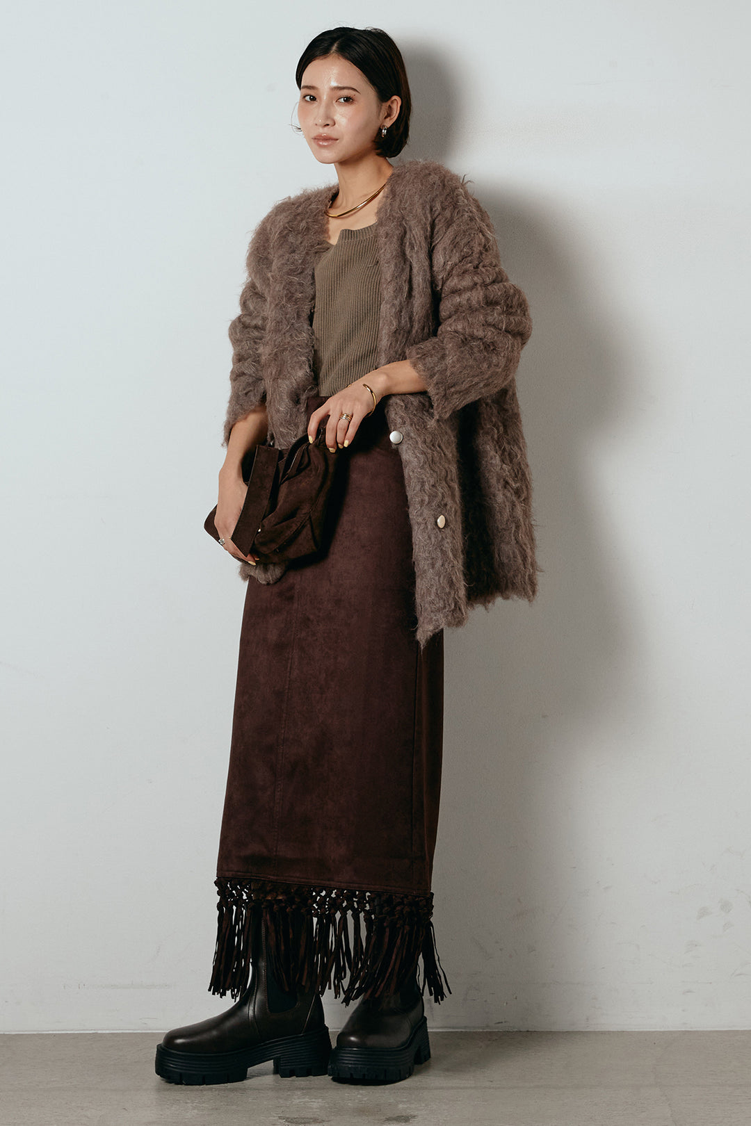[SET]ウェーブシャギーニットジャケット+スウェードライク裾フリンジスカート(2set)