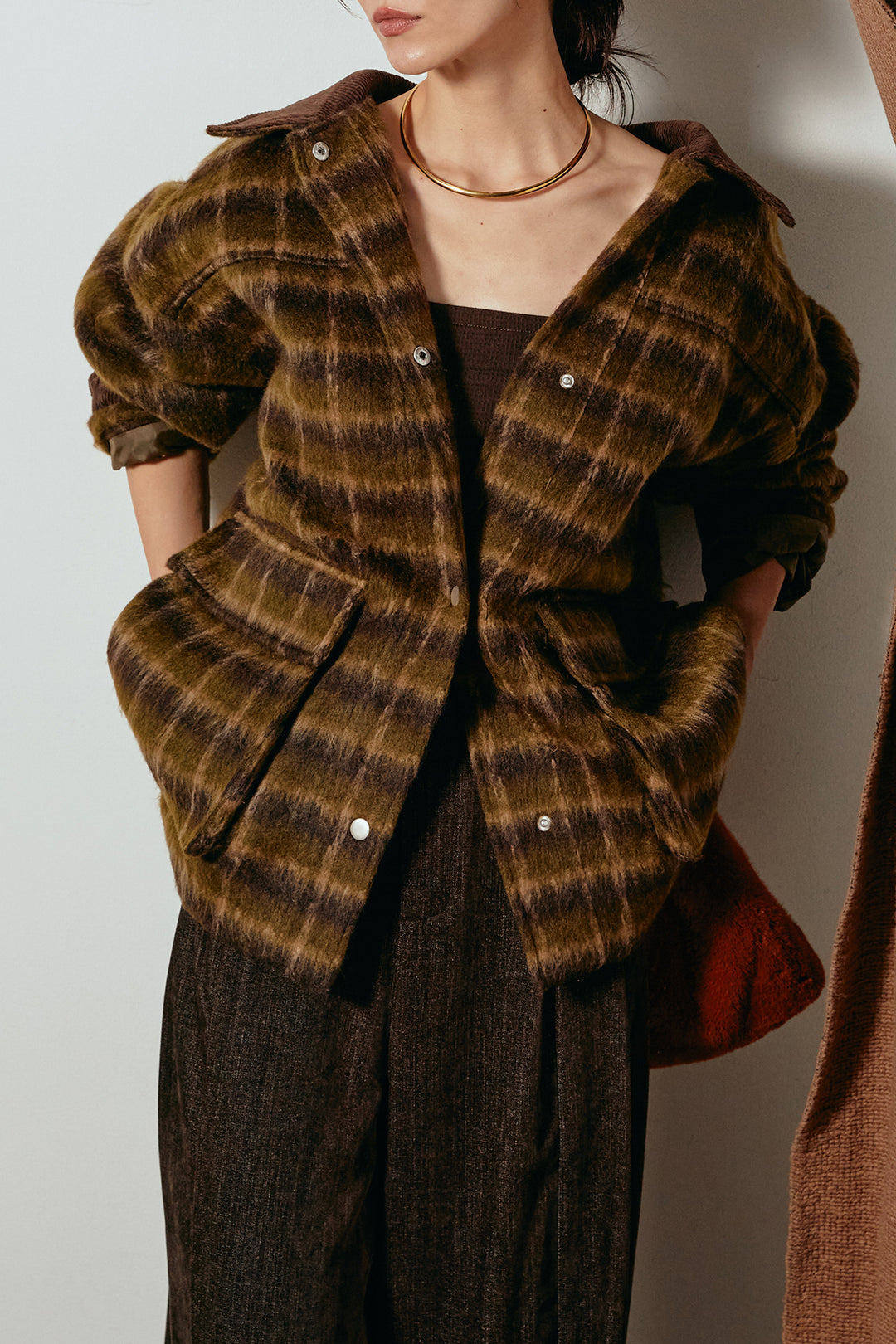 [SET]チェックシャギーミドルカバーオール+フェイクレザーベルト付きスウェードライクワイドパンツ(2set)