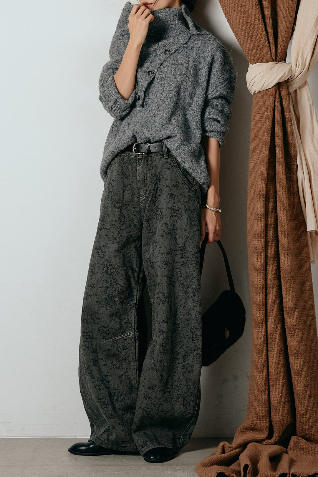 [SET]ケープデザインケーブルニットトップス+ベルト付きニュアンス柄カーブワイドパンツ(2set)