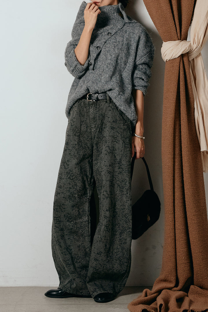 [SET]ケープデザインケーブルニットトップス+ベルト付きニュアンス柄カーブワイドパンツ(2set)