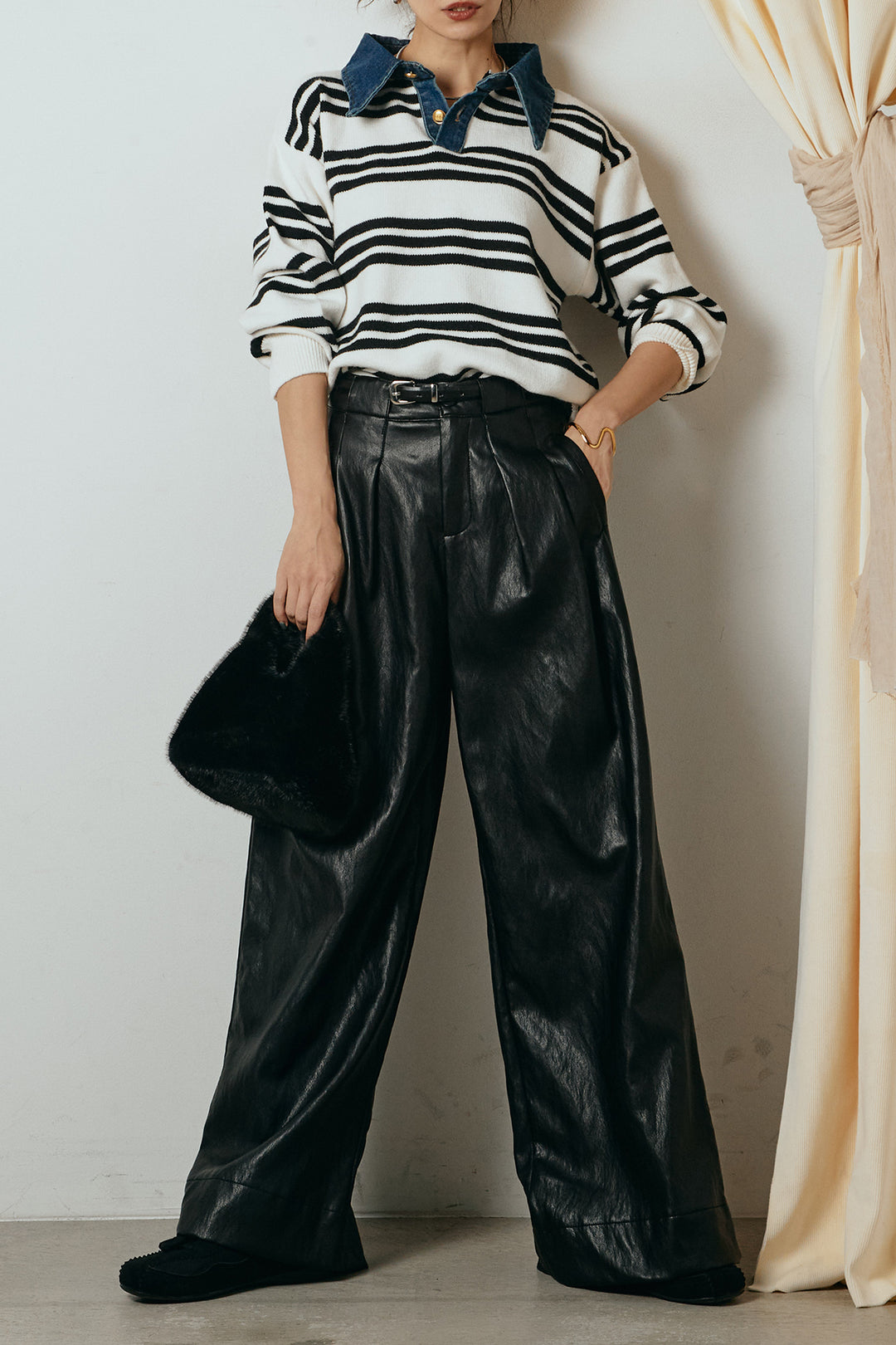 [SET]デニムレイヤード風ランダムボーダーニットプルオーバー+ベルト付きレザーライクタックパンツ(2set)