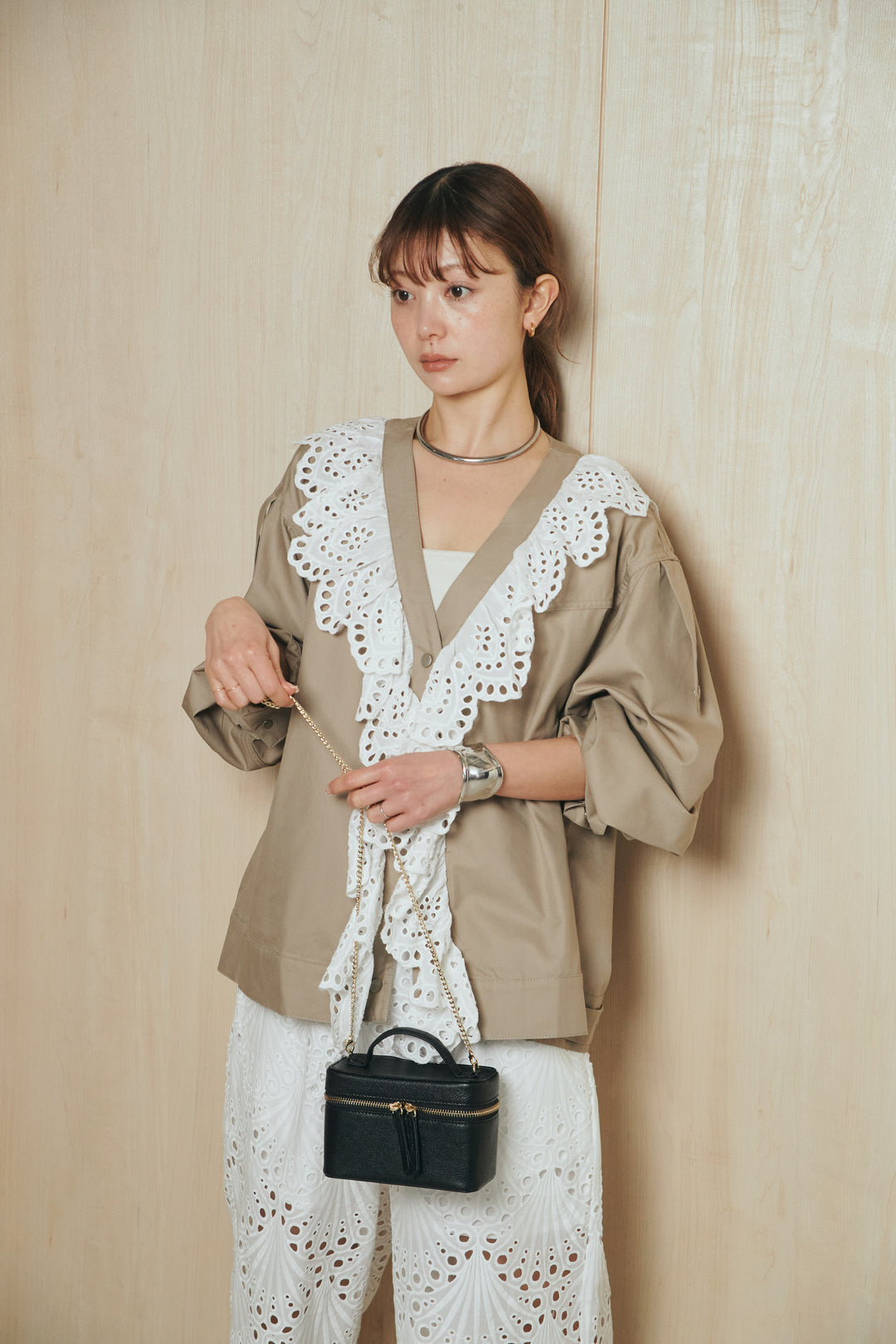 [SET]レースフリルドッキングアウター+レース刺繍リラックスパンツ(2set)