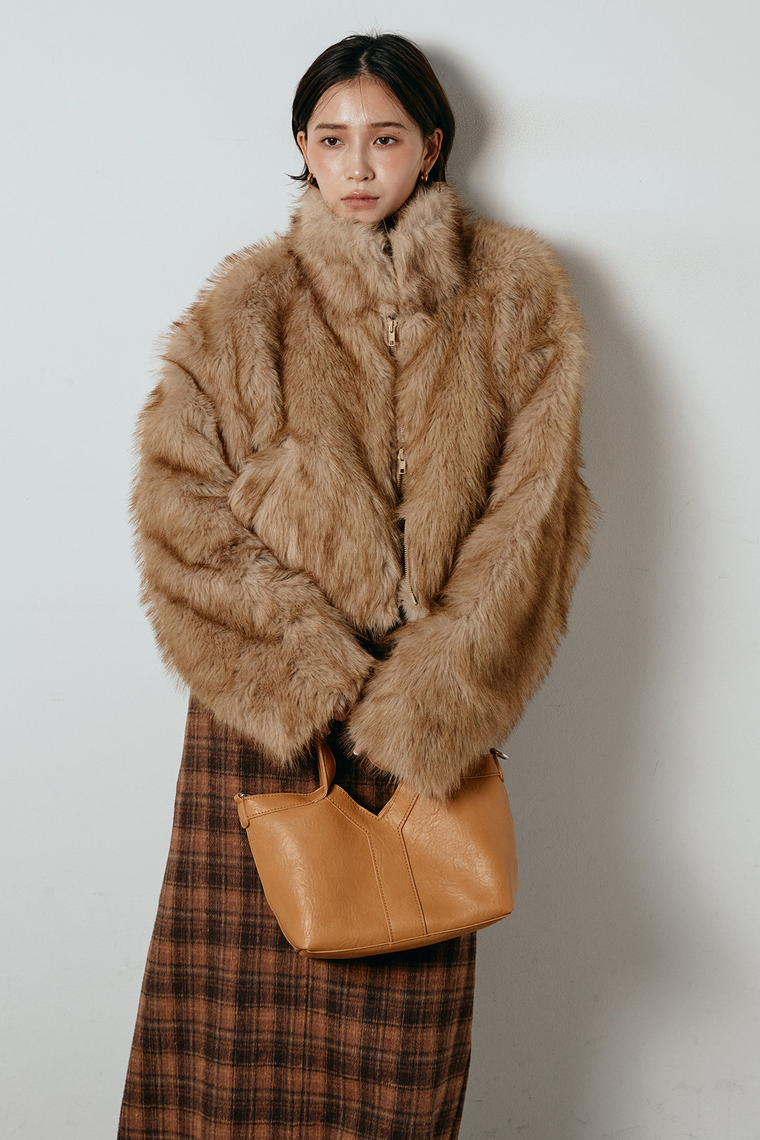 [SET]エコファーショート丈ブルゾン+シャギーチェックストレートスカート(2set)