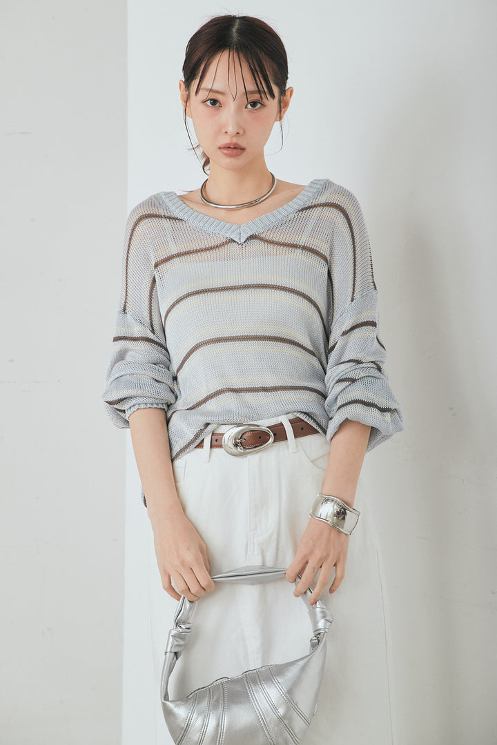 [SET]綿タッチVネックボーダートップス+裾レースデザインデニムスカート(2set)