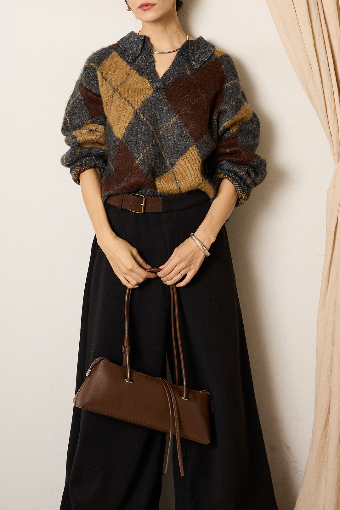 [SET]アクリルモヘアアーガイルキーネックプルオーバー+サイドベルトパンツ(2set)