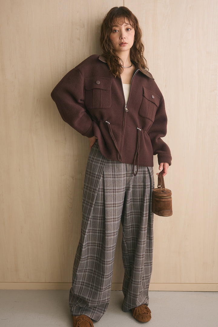 [SET]エコレザー切替えニットジャケット+ブリティッシュチェックバレルパンツ(2set)