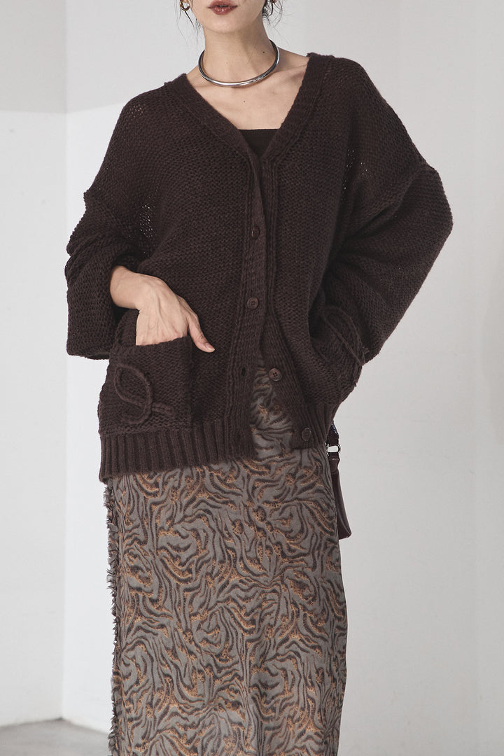 [SET]コード刺繍リラックスニットカーディガン+抽象柄ロングスカート(2set)