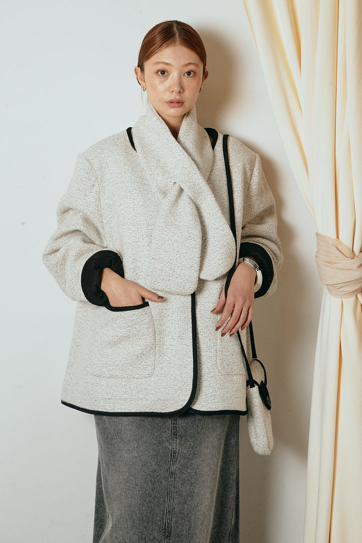 [SET]ノーカラーマフラーバッグ付きアウター+デニムロングフレアスカート(2set)