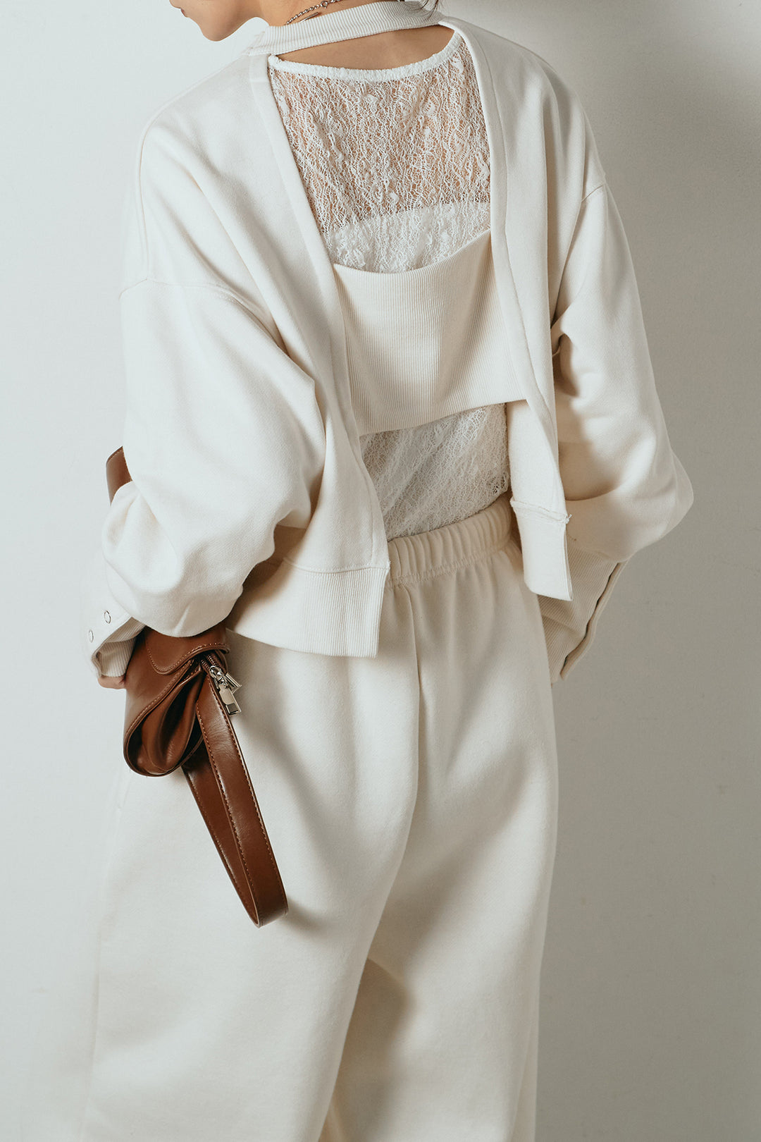 [SET]裏毛バックオープンプルオーバー+ストレッチレースクルーネックインナー(2set)