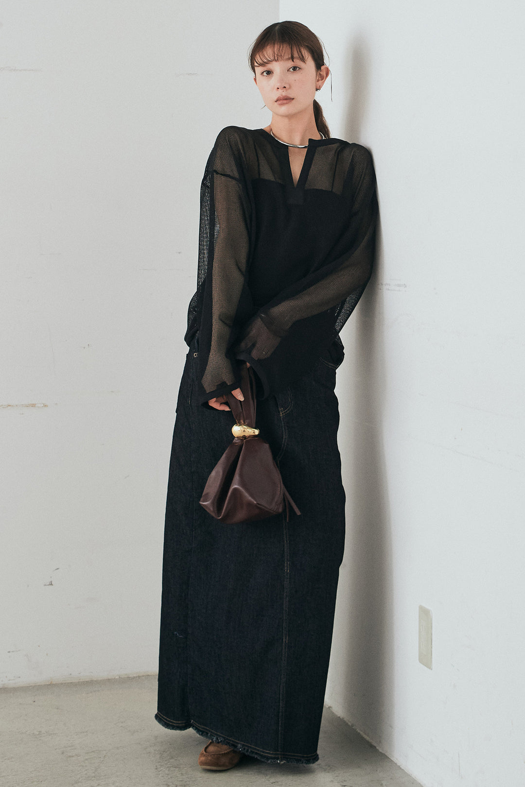 [SET]メッシュカットソースキッパープルオーバー+ウエストクロスデニムタイトスカート(2set)