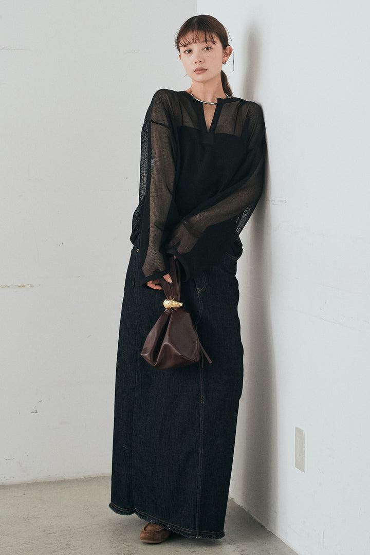 [SET]メッシュカットソースキッパープルオーバー+ウエストクロスデニムタイトスカート(2set)