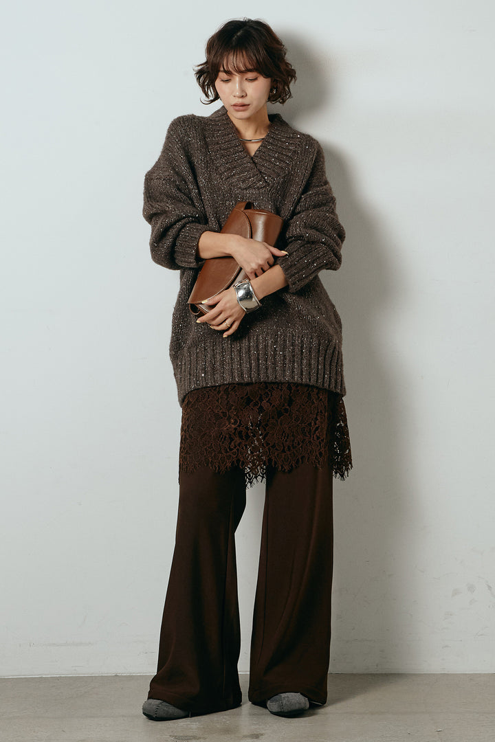 [SET]Vネックラメニットトップス+レース刺繍レイヤードフレアパンツ(2set)