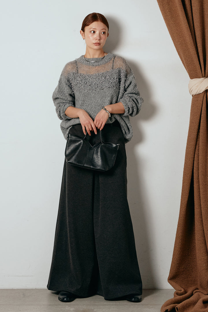 [SET]パターンランダム編みニットトップス+ベルト付きフロントタックデザインパンツ(2set)