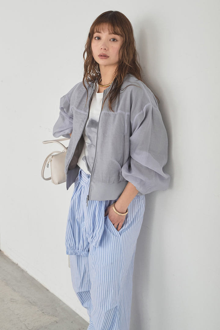 [SET]シアー×ポンチブルゾン+ストライプウエスト巻きジョガーパンツ(2set)