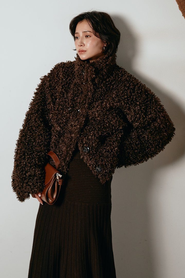 [SET]プードルファーミドルジャケット+編み地切り替えフレアニットスカート(2set)