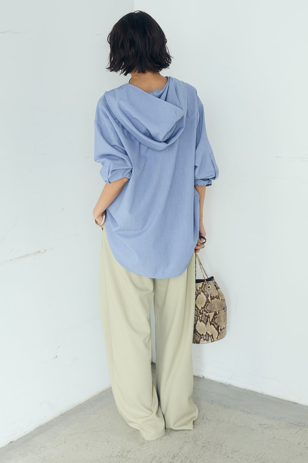 [SET]無地タイ付フーディーBIGシャツ+サイドベルトタック入りスラックス(2set)