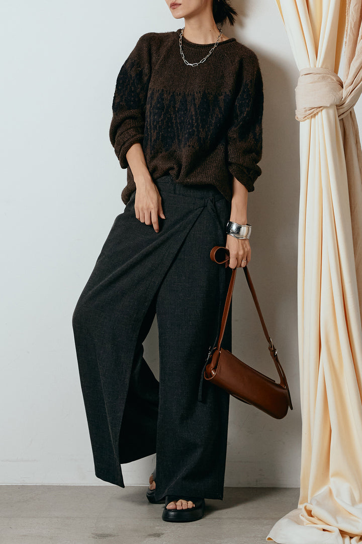 [SET]モノトーン柄ニットトップス+ラップ巻きワイドスラックス(2set)