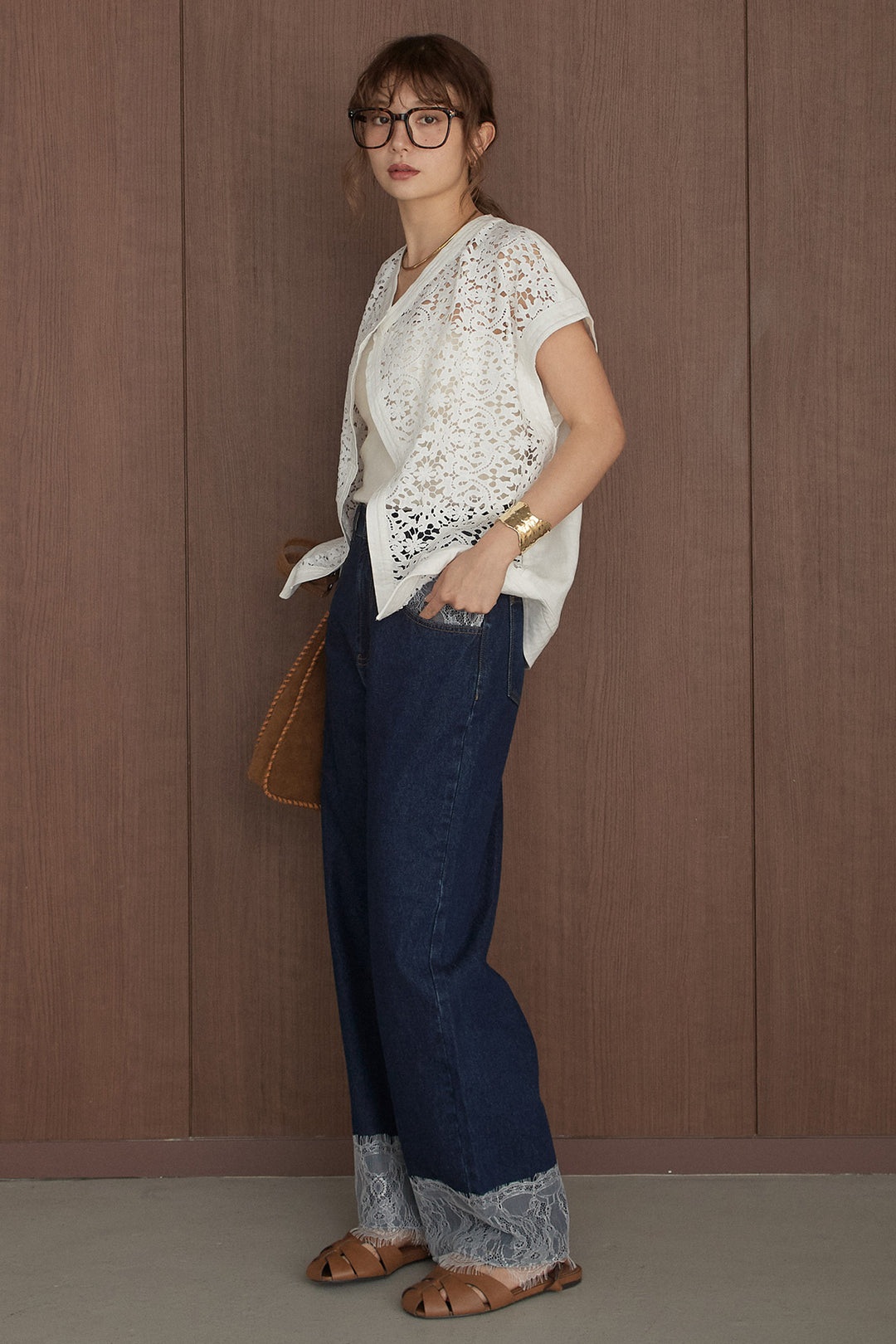 [SET]トリムカットワークレースベスト+デニムレースパンツ(2set)