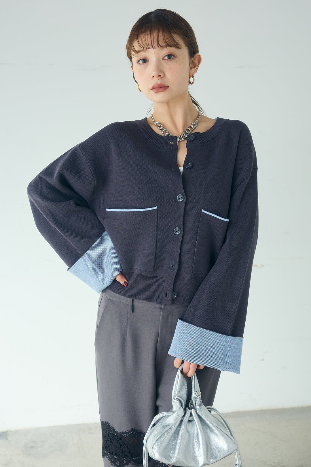 [SET]レーヨンポリダブルフェイスカーディガン+レース刺繍切替ワイドパンツ(2set)