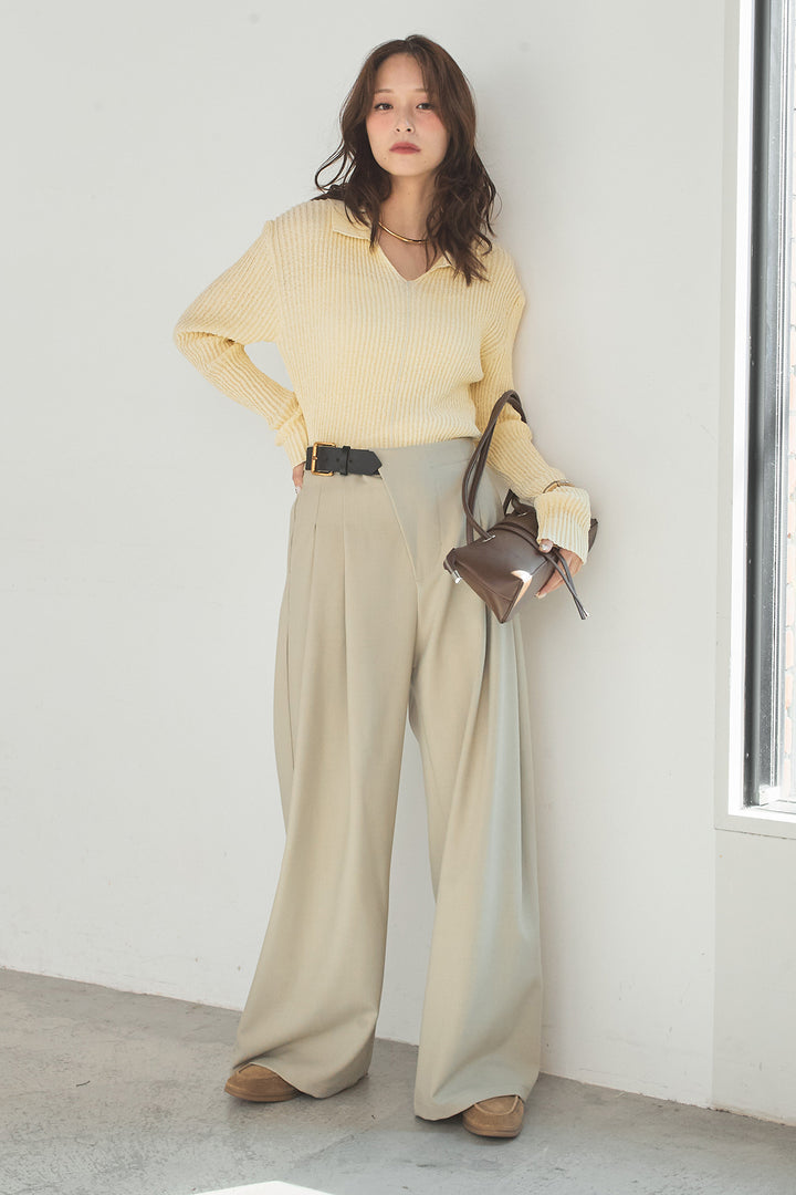 [SET]衿付きニットプルオーバー+サイドベルトタック入りスラックス(2set)