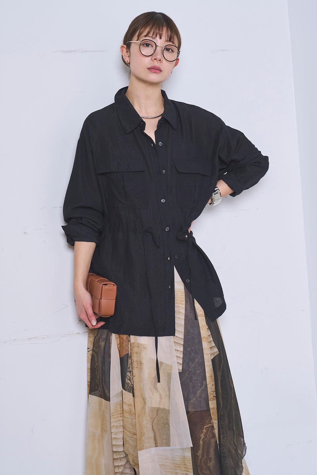 [SET]リネンブレンドシアーサファリシャツ+アートペイント柄スカート(2set)