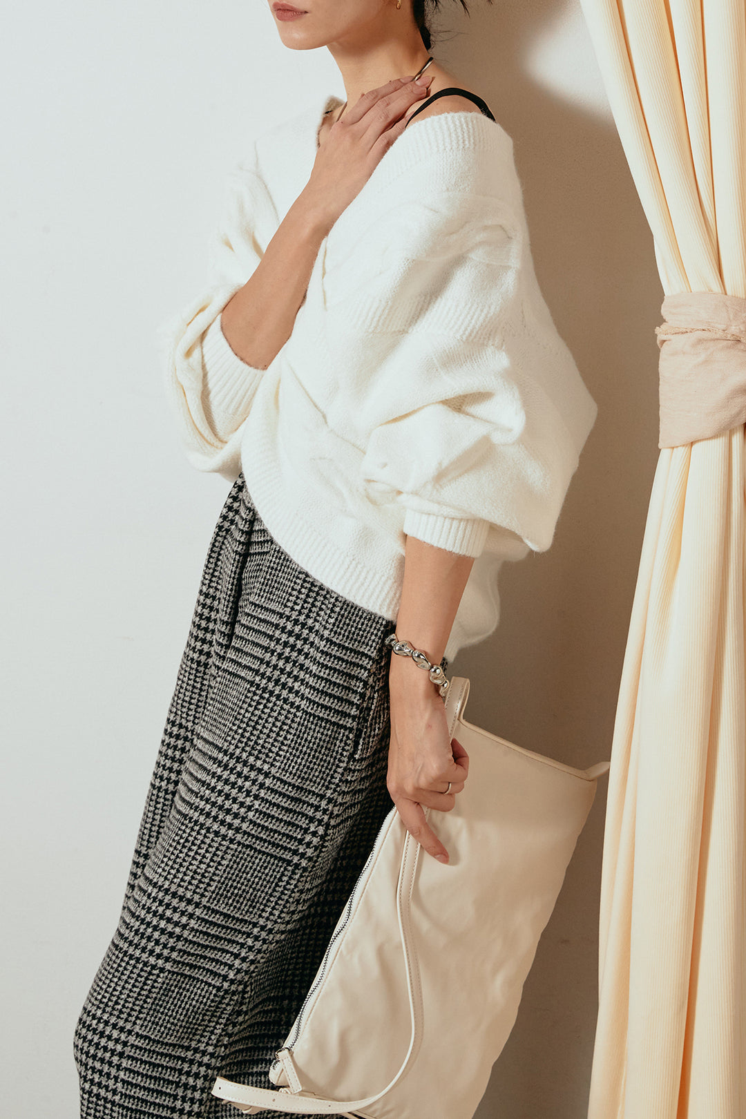 [SET]ケーブルカシュクールニットトップス+前後2wayグレンチェック柄スカーチョサロペット(2set)