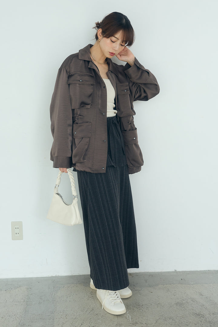 [SET]サテンライトブルゾン+ラップ巻きピンストライプワイドスカート(2set)