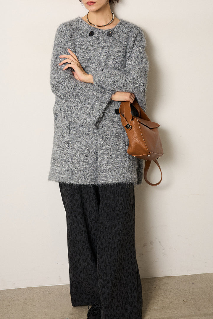 [SET]アシンメトリーボタンニットカーディガン+レオパードジャガードニットパンツ(2set)