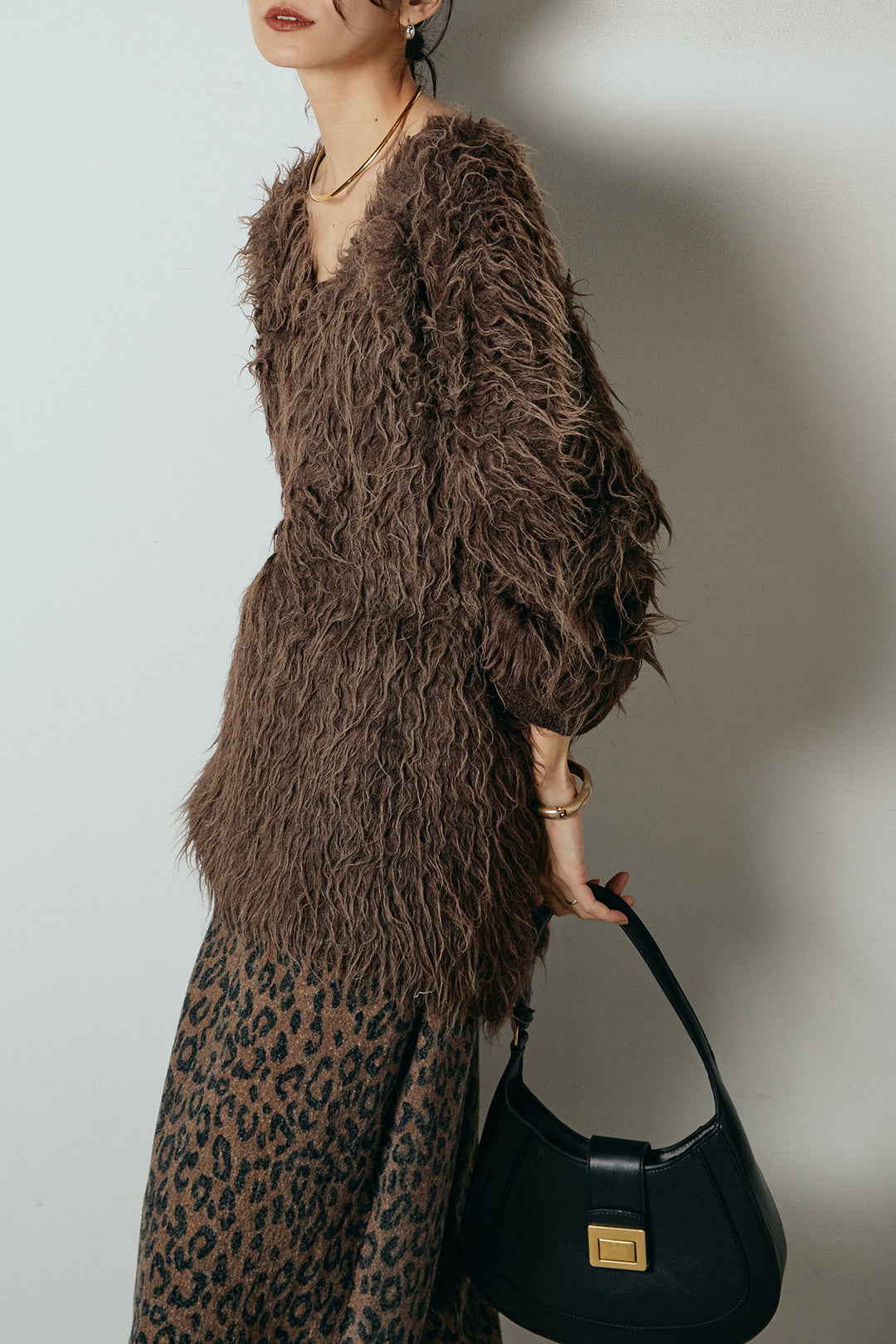 [SET]深Vネックシャギーニットトップス+リラックスレオパード柄ワイドパンツ(2set)