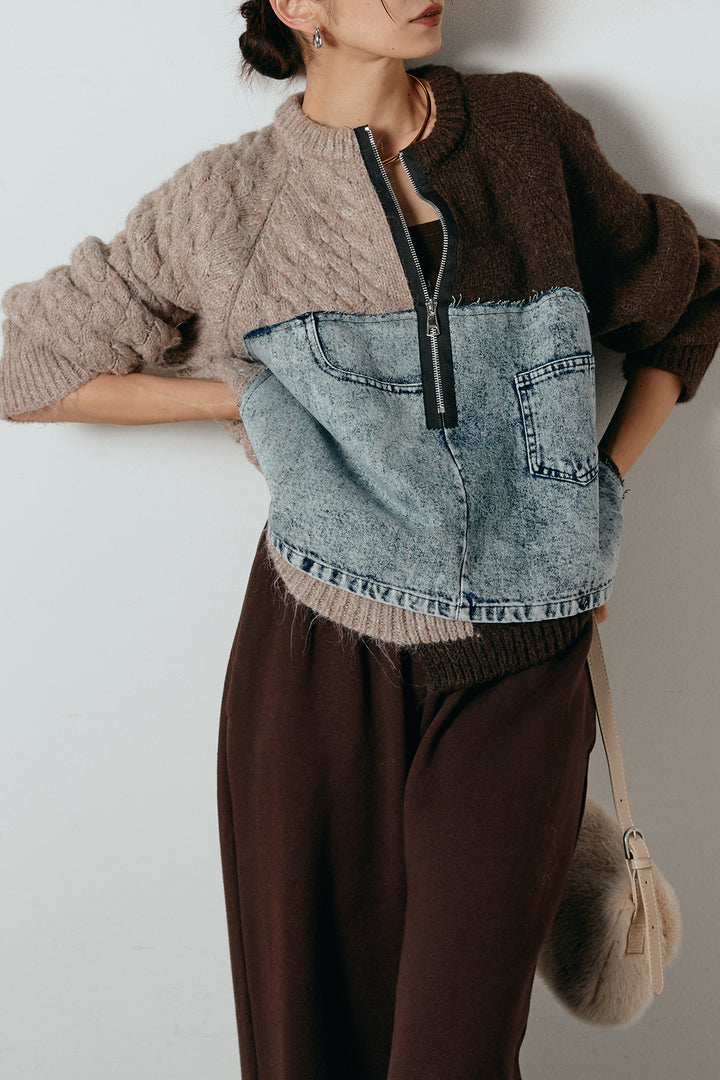 [SET]ハーフジップニットデニムドッキングトップス+裏起毛スウェットワイドパンツ(2set)