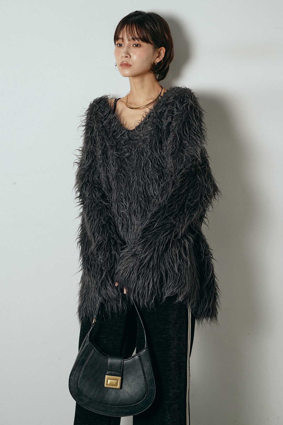 [SET]深Vネックシャギーニットトップス+リラックスサイドラインベロアワイドパンツ(2set)