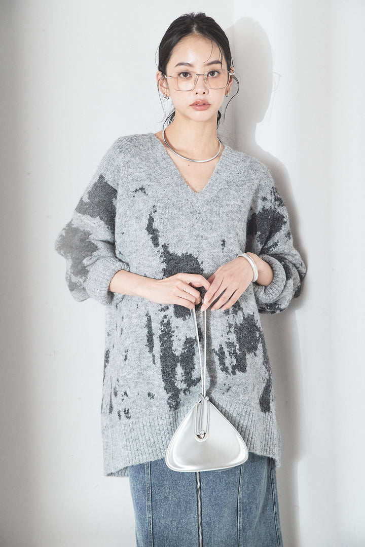 [SET]アブストラクト柄ニットプルオーバー+フロントジップデニムスカート(2set)