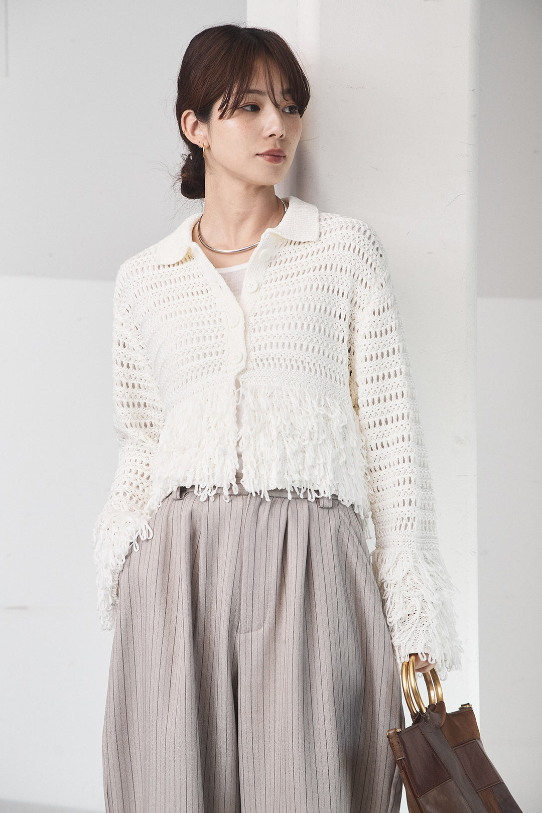 [SET]メッシュフリンジカーディガン+ヘリンボーンストライプツータックパンツ(2set)