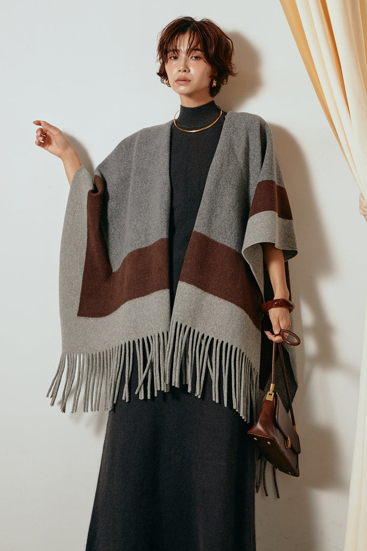 [SET]裾フリンジ柄ポンチョアウター+ノースリーブニットロングワンピース(2set)