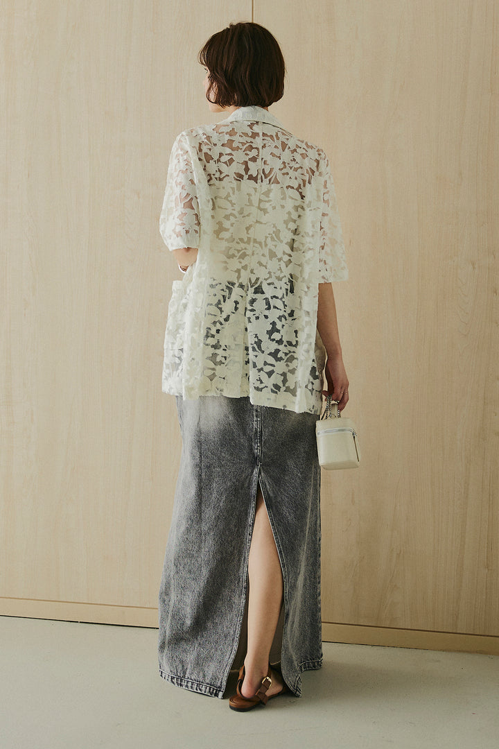 [SET]シアージャガードハーフスリーブテーラードジャケット+サテン切り替えデニムスカート(2set)