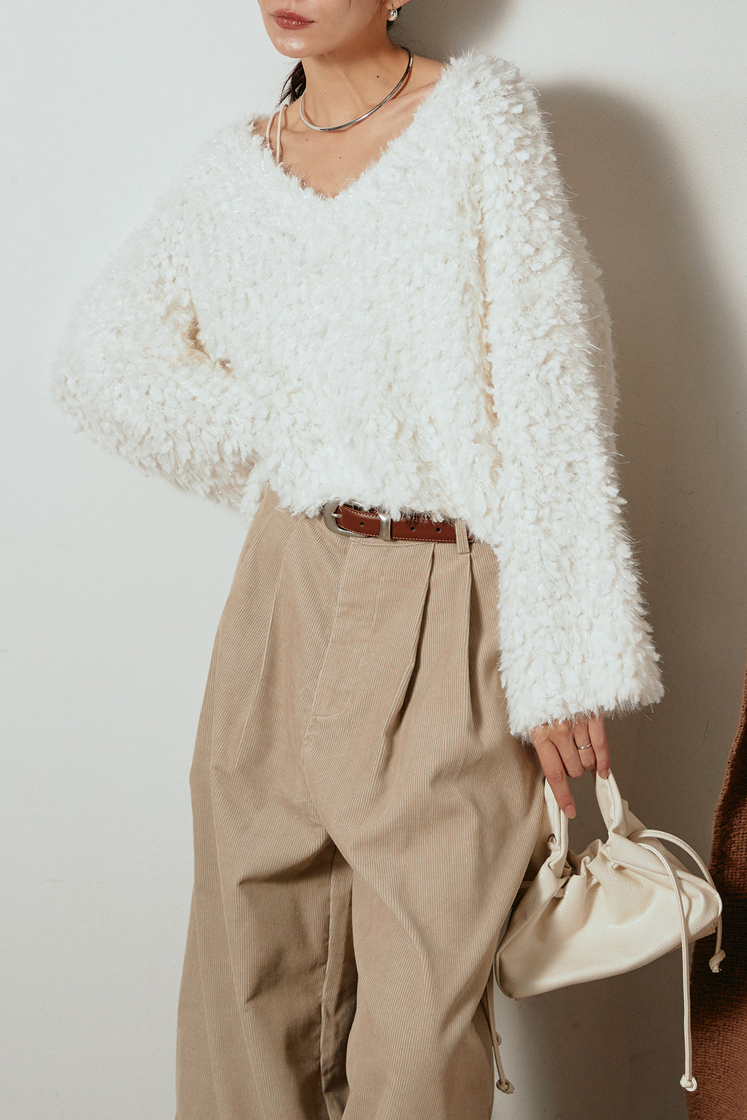 [SET]深Vネックチョウチョヤーンニットトップス+フロントタック入りコーデュロイパンツ(2set)