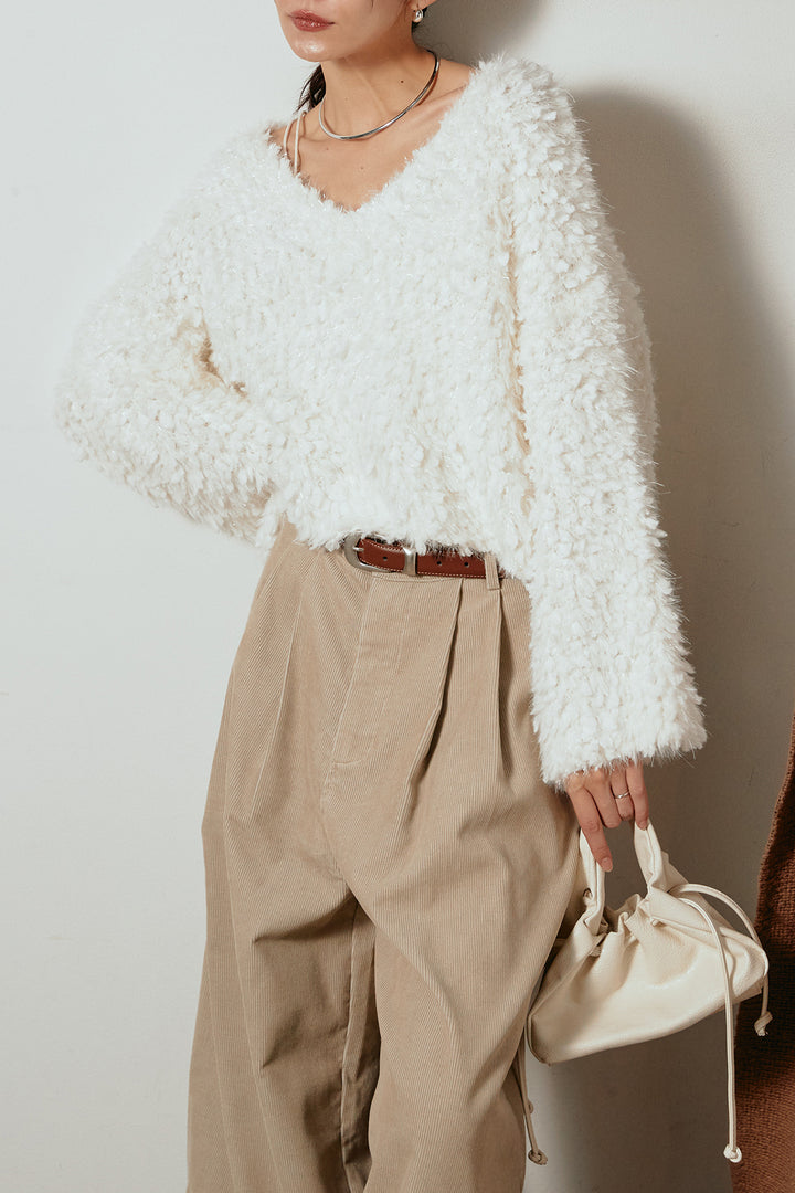 [SET]深Vネックチョウチョヤーンニットトップス+フロントタック入りコーデュロイパンツ(2set)