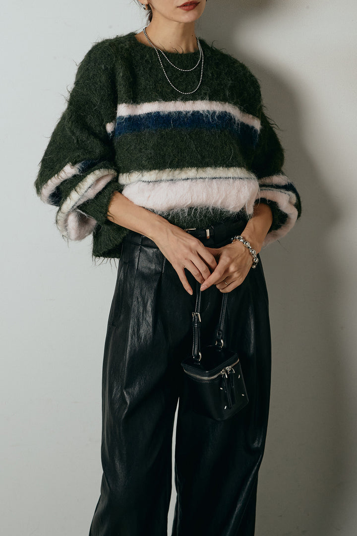 [SET]起毛配色マルチボーダーニットトップス+ベルト付きレザーライクタックパンツ(2set)