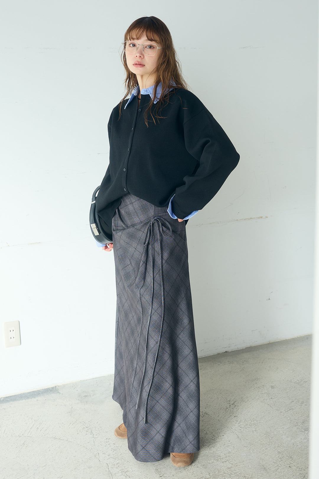 [SET]シャツレイヤード風カーディガン+タータンチェック柄フロントデザインスカート(2set)