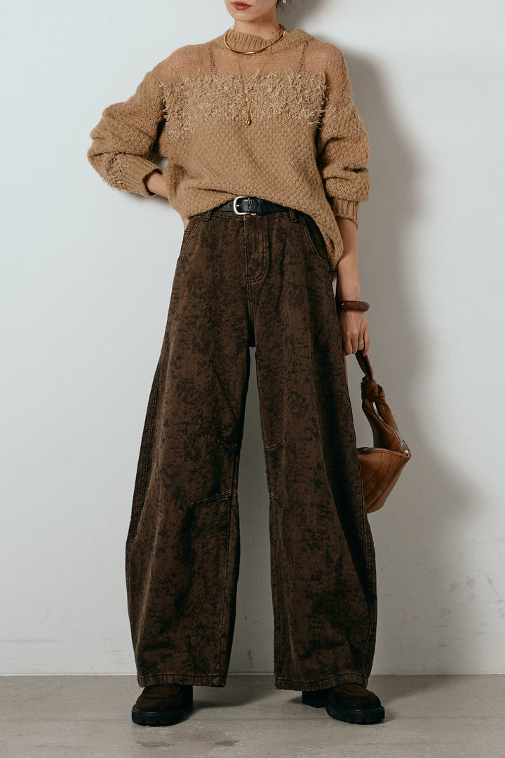[SET]パターンランダム編みニットトップス+ベルト付きニュアンス柄カーブワイドパンツ(2set)