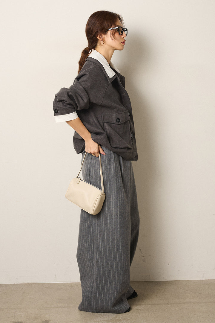 [SET]衿レイヤードフェイクウールジャケット+ウールライクストライプパンツ(2set)