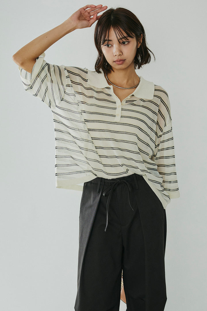 [SET]ボーダーニットポロシャツ+ニーサイドタックウエストドロスパンツ(2set)