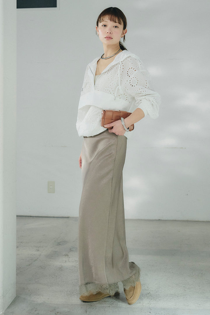 [SET]レースハーフジップアップフーディー+バイアスナローサテンスカート(2set)